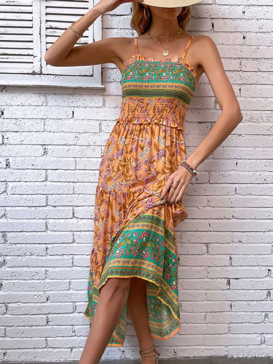 Printed Square Neck Midi Cami Dress - dress