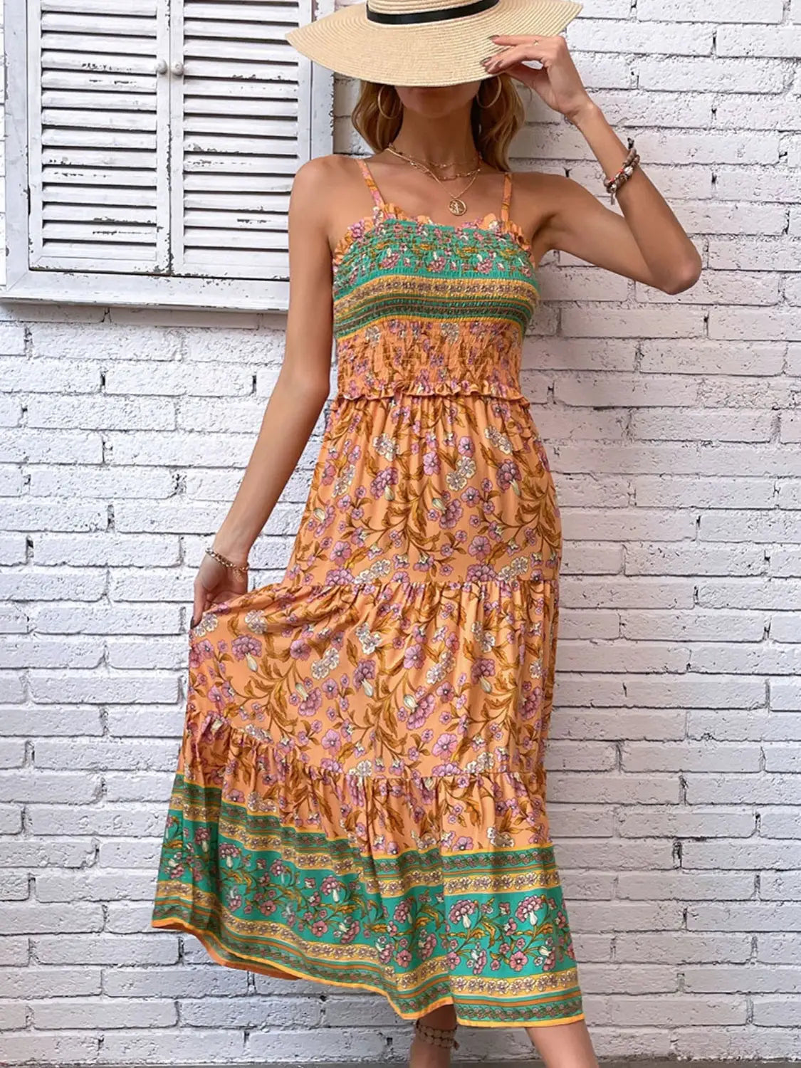 Printed Square Neck Midi Cami Dress - Ochre / XL - dress