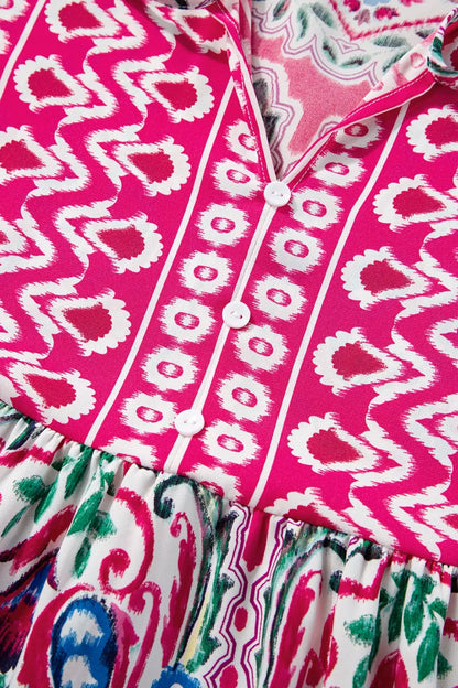 Pink and multicolored printed tie neck short sleeve dress with button-up placket