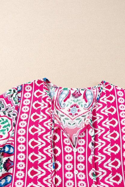 Pink printed tie neck short sleeve dress with button placket for stylish summer wear