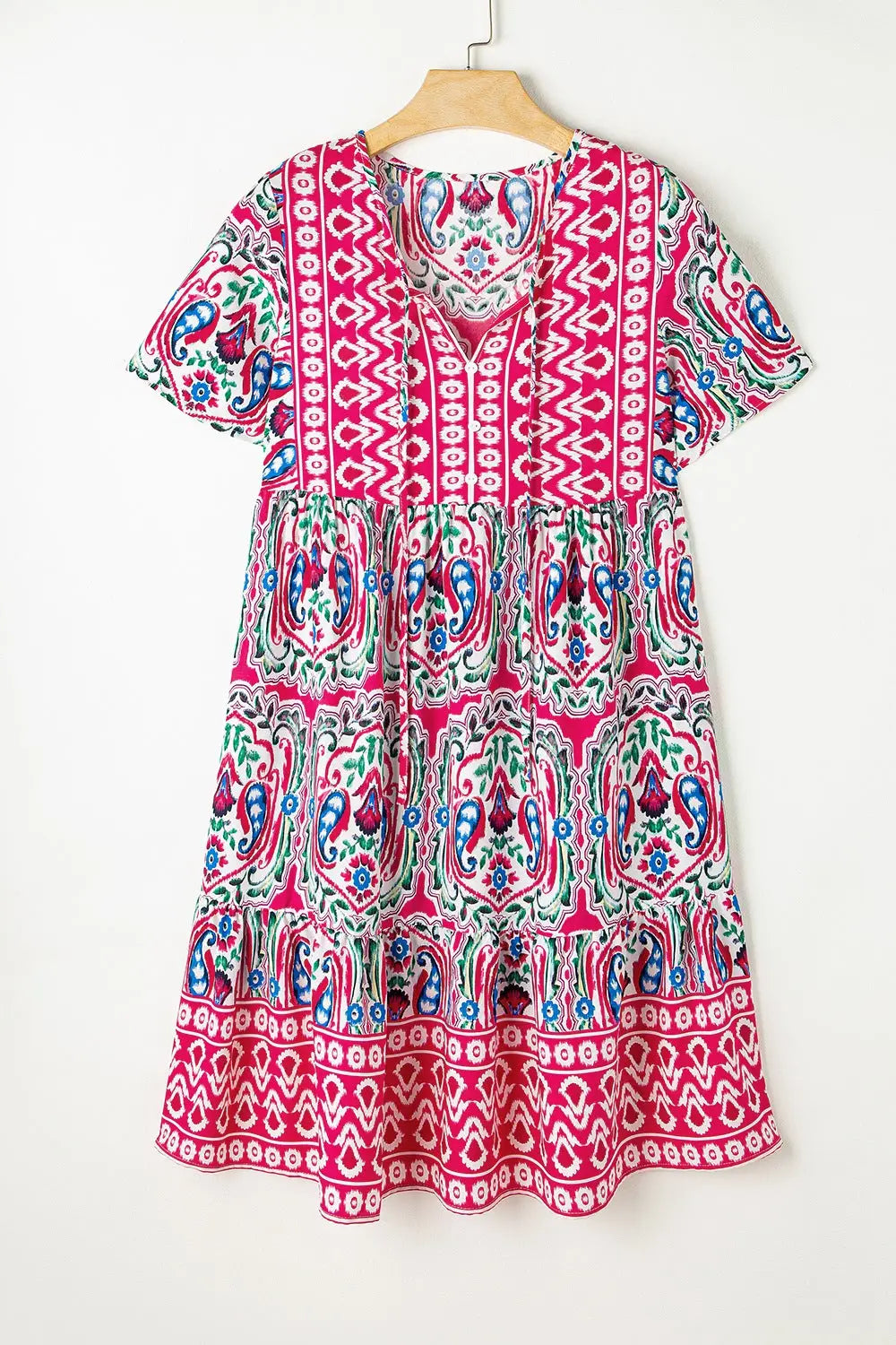 Pink and white paisley print tie neck short sleeve tiered dress for women