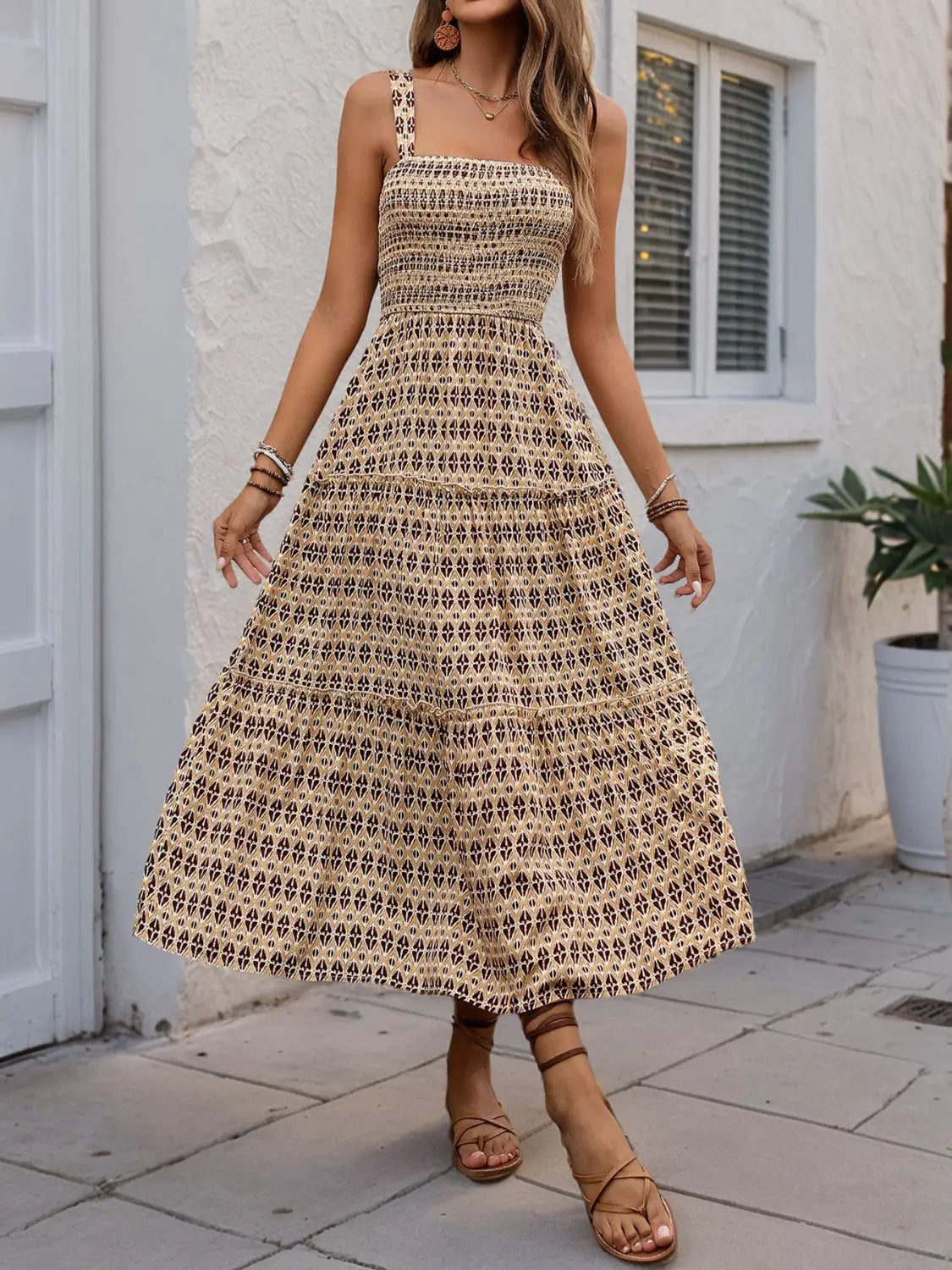 Printed Tiered Wide Strap Midi Dress - dress