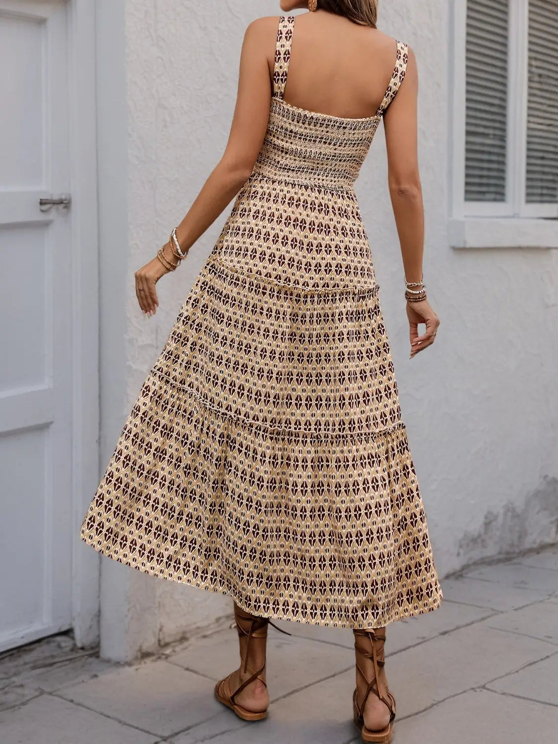 Printed Tiered Wide Strap Midi Dress - dress