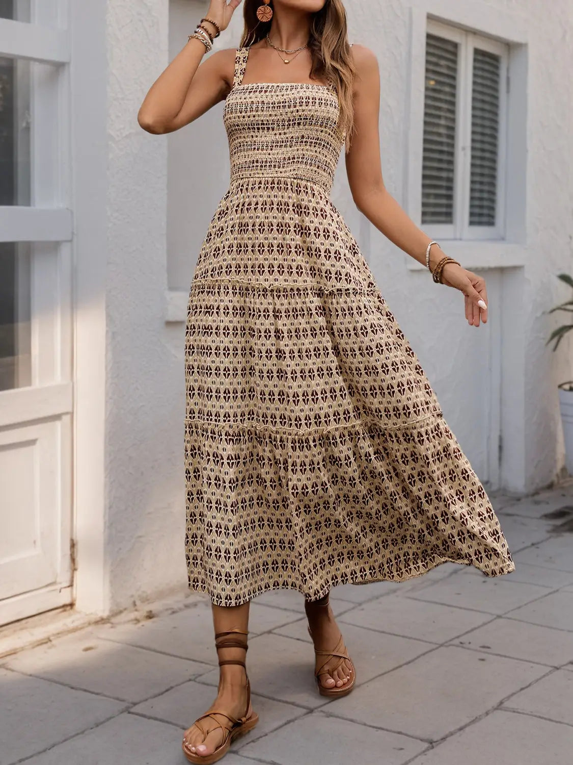 Printed Tiered Wide Strap Midi Dress - Camel / M - dress