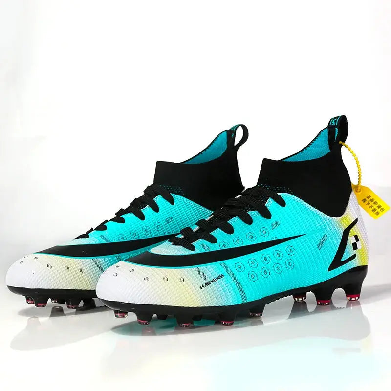 High-top blue black white soccer cleats with pink studs for professional football boots