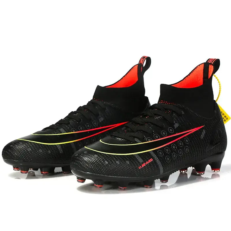Professional Athletic Soccer Shoes with black red high-tops, yellow accents, decorate root width 750px height