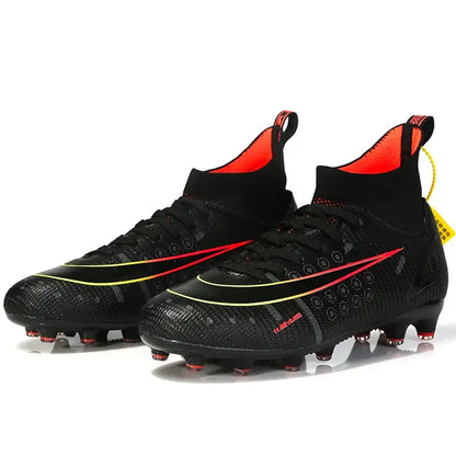 Professional Athletic Soccer Shoes with black red high-tops, yellow accents, decorate root width 750px height