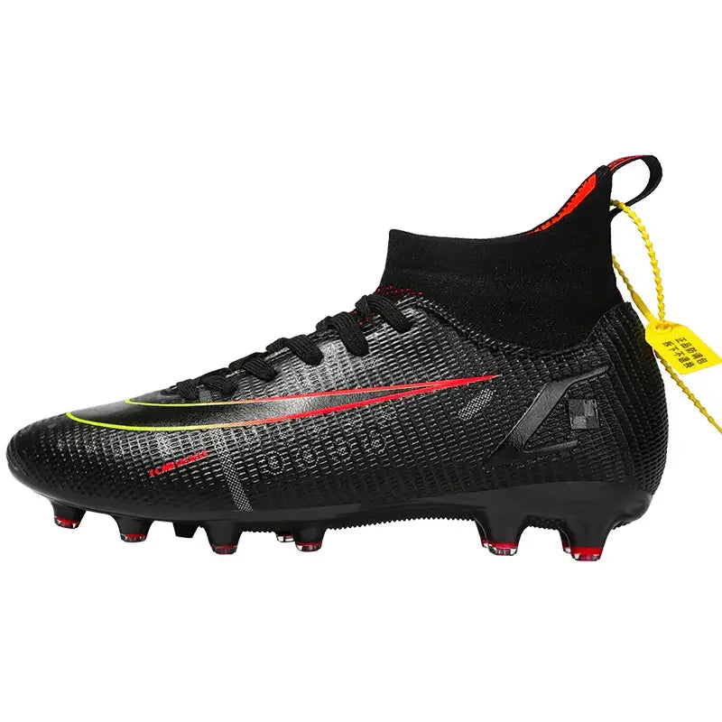Black high-top soccer cleat with red and yellow accents and studs, ideal for professional football shoes