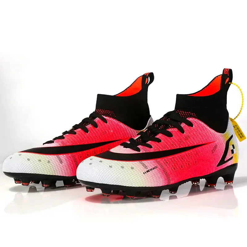 High-top soccer cleats with pink white gradient, black laces, for Professional Athletic Soccer Shoes