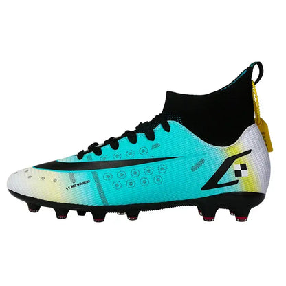Professional Athletic Soccer Shoes with turquoise midfoot, black studs, and stylish design