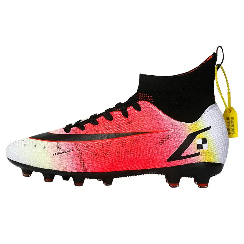 High-top soccer cleat with red, pink, yellow gradient, black laces, black collar, width 750px height