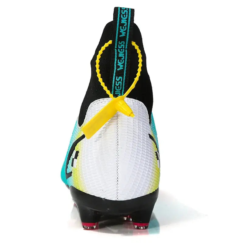 Black white and teal athletic cleat with yellow pull tab for Professional Athletic Soccer Shoes