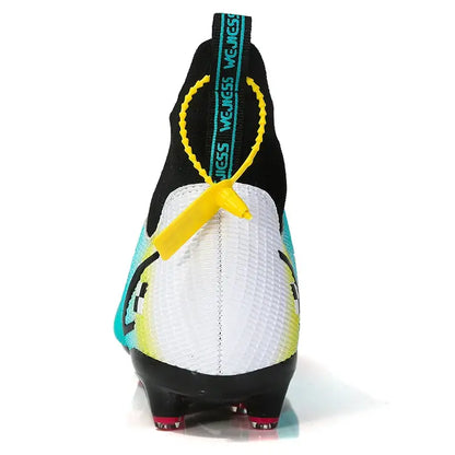 Black white and teal athletic cleat with yellow pull tab for Professional Athletic Soccer Shoes