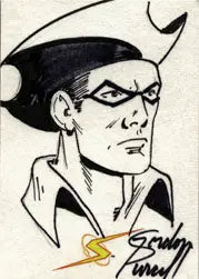 Black and white sketch card of a masked superhero by Gordon Purcell in trading cards