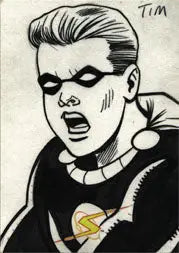 Black and white sketch card by Jay Liesten of a shouting person in costume with lightning bolt