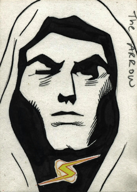 Stylized black and white sketch card portrait by Jay Liesten featuring hooded figure