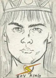 Pencil sketch portrait of a Boy King in Project Superpowers Sketch Card by Jay Liesten
