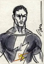 Muscular superhero sketch card by John Watson featuring a lightning bolt emblem