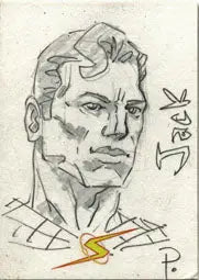 Muscular male superhero sketch card by Mark Pennington featuring a lightning bolt emblem