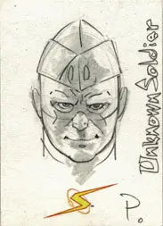 Sketch of a superhero face in a helmet from Project Superpowers sketch card by Mark Pennington