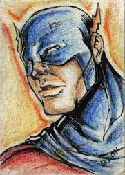 Colorful superhero sketch card by Mel Jay San Juan featuring blue mask and pointed ears