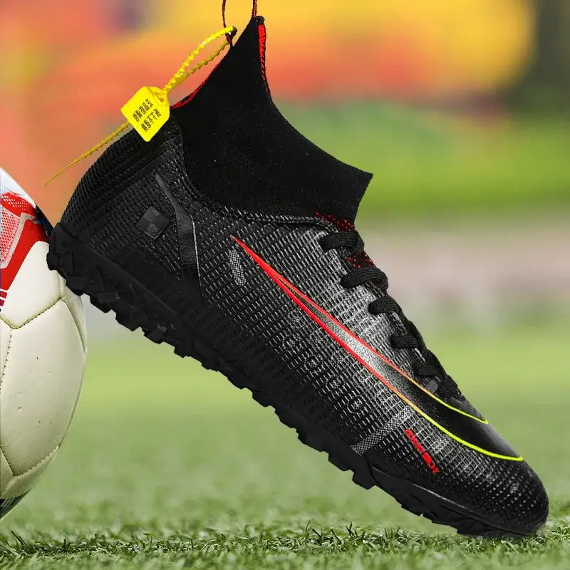 Black ProStride Soccer Shoes with red yellow accents, high-top collar, textured upper, decorate root, width 750px height 750px