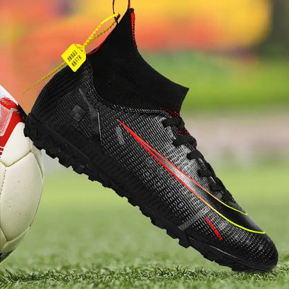 Black ProStride Soccer Shoes with red yellow accents, high-top collar, textured upper, decorate root, width 750px height 750px