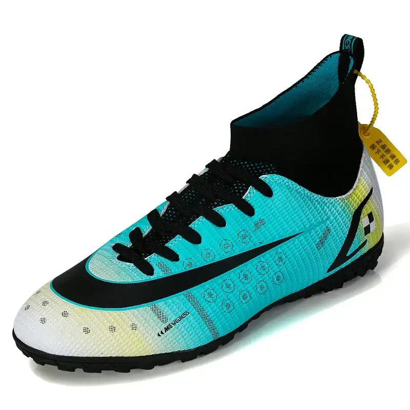 Turquoise and black ProStride Soccer Shoes high-top cleat with textured upper and black laces
