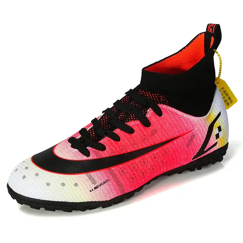 Vibrant pink orange and white high-top ProStride Soccer Shoes with black laces and sole