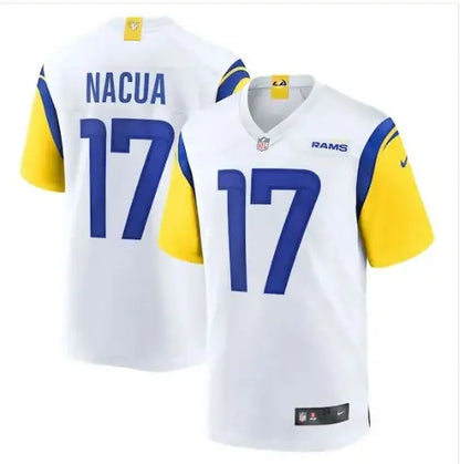 White Los Angeles Rams Puka Nacua Nike Game Jersey with blue and yellow accents featuring number 17
