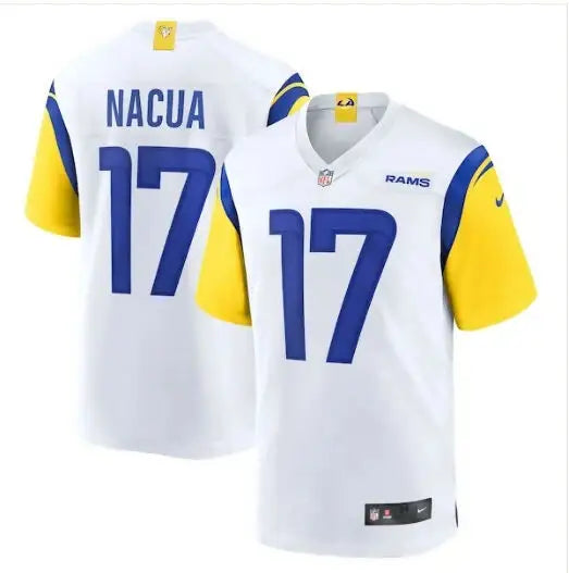 White Los Angeles Rams Puka Nacua Nike Game Jersey with blue and yellow accents featuring number 17