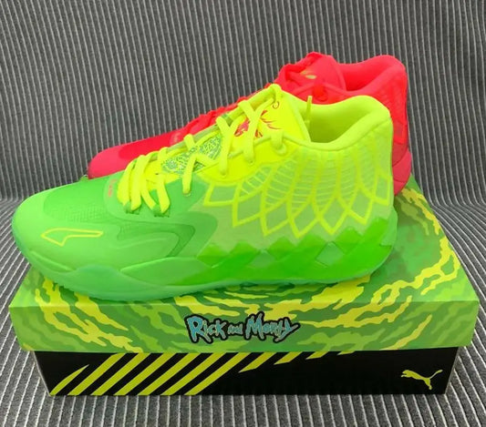 Neon green and red Puma Lamelo Ball MB01 Rick And Morty shoes with matching box for fast shipping