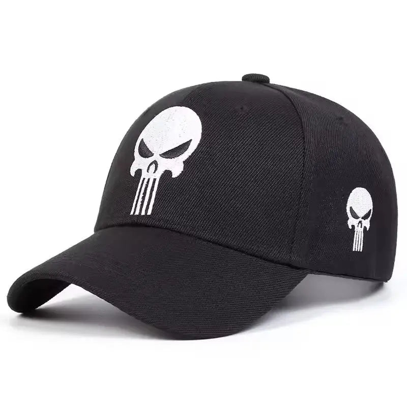 Black punisher baseball hat with white skull logo, free shipping available