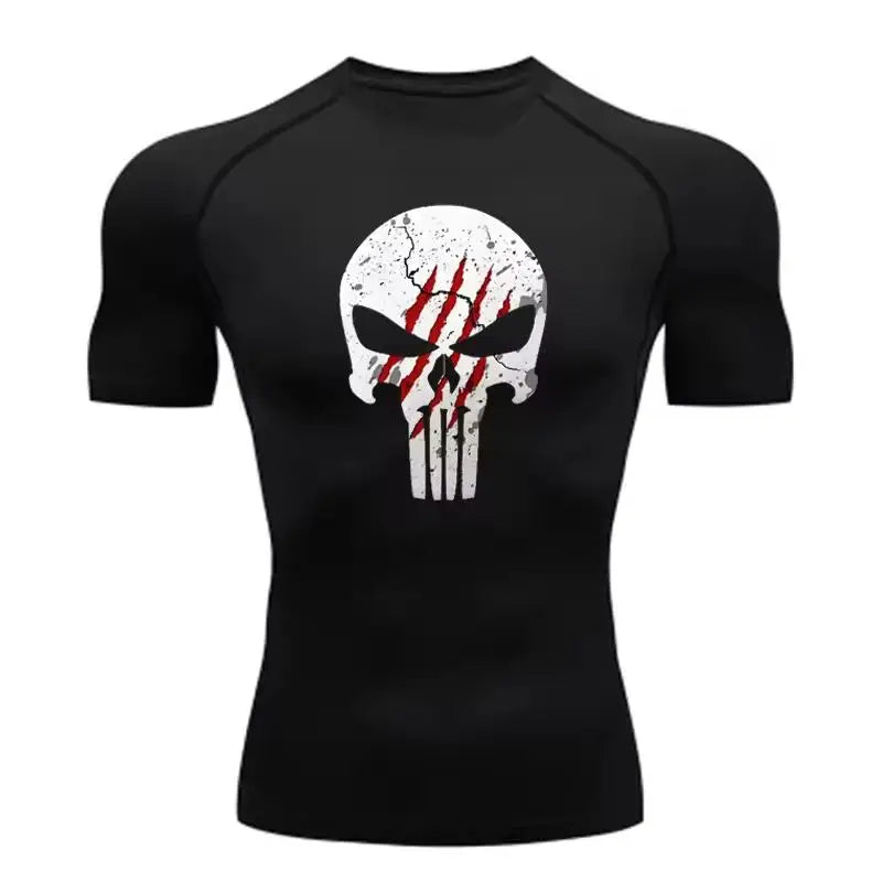 Punisher Compression T Shirt with black short sleeves, distressed skull graphic, and red claw marks