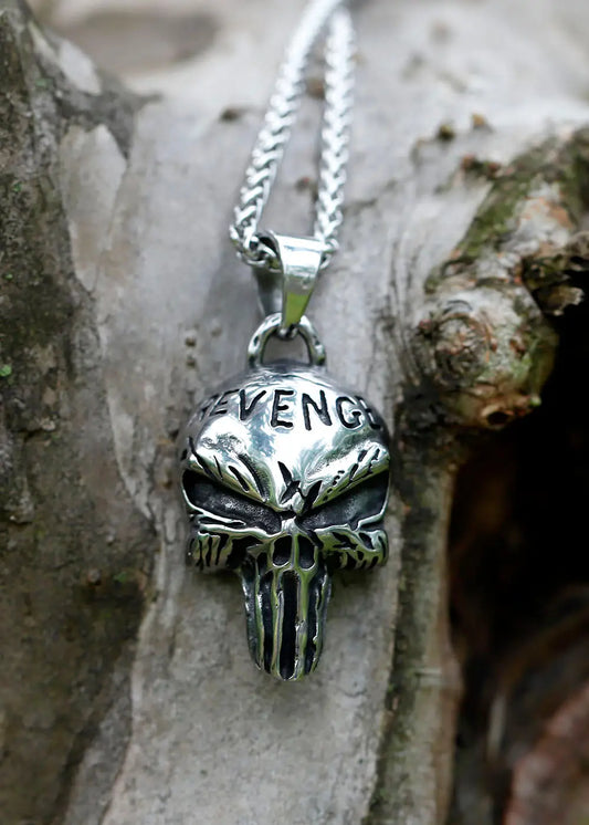 Silver-colored skull pendant on chain for Punisher Revenge Necklace, a bold revenge necklace