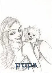 Pencil sketch card of a woman with a small dog by Jessica Hickman for trading cards