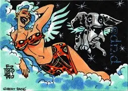 Colorful cartoon illustration of a winged figure in bikini from Frankie B Washington sketch card