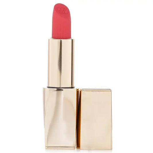 Coral-red lipstick in shiny gold tube from Pure Color Lipstick #600 Visionary with seed oil