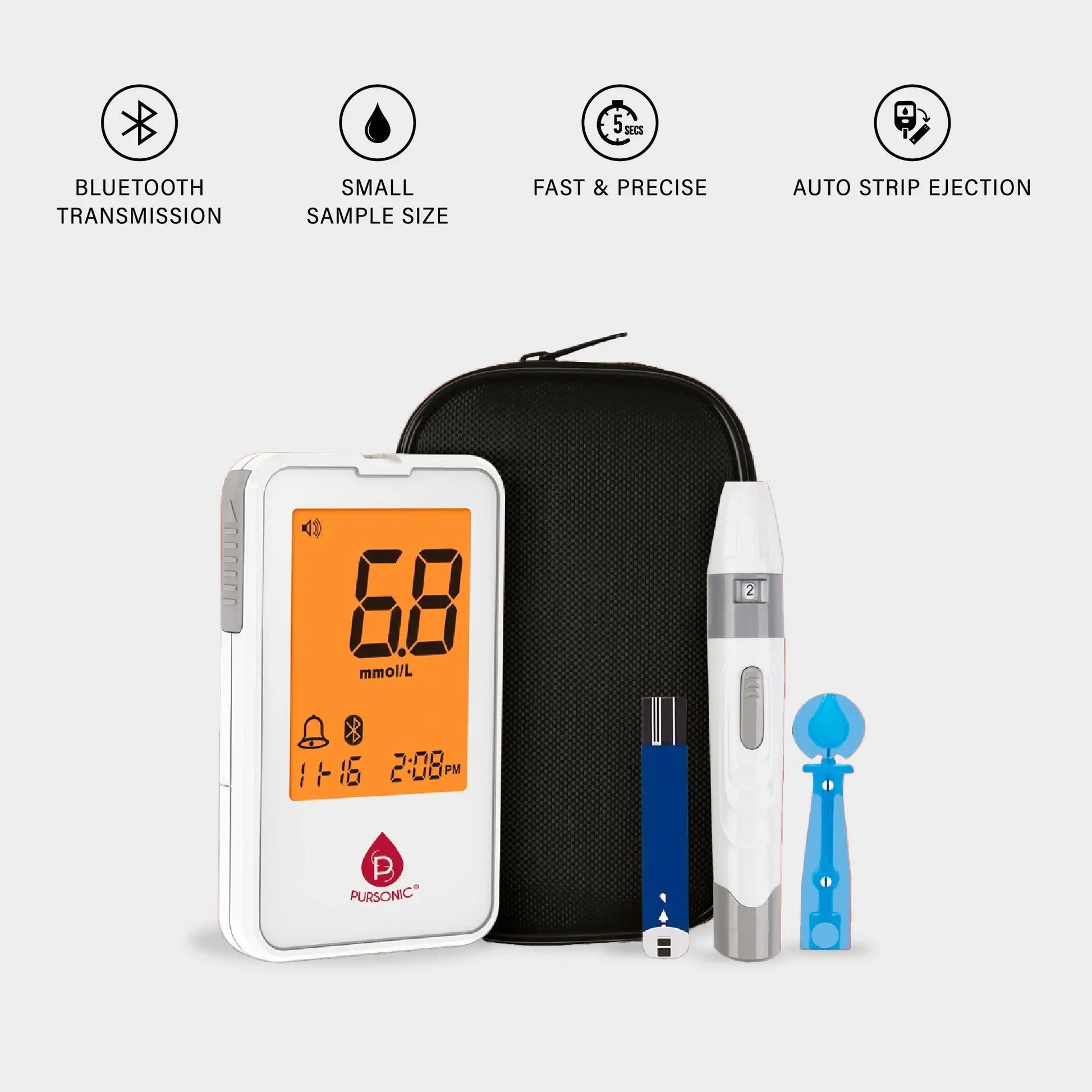 Pursonic Blood Glucose Monitoring Bundle – Glucose Meter with Bluetooth + 50 Test Strips + 50 Sterile Lancets - Wellness