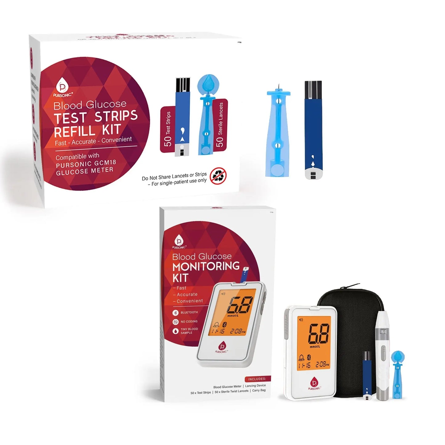 Pursonic Blood Glucose Monitoring Bundle – Glucose Meter with Bluetooth + 50 Test Strips + 50 Sterile Lancets - Wellness