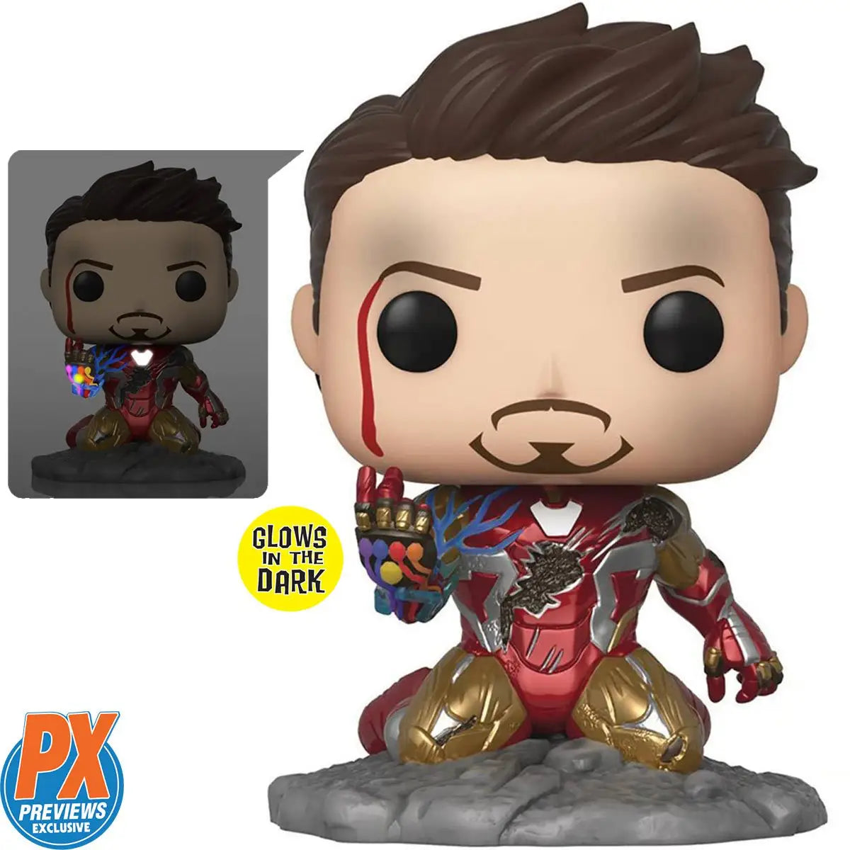Iron Man Funko Pop figure from PX Exclusive Avengers Endgame glowing in the dark