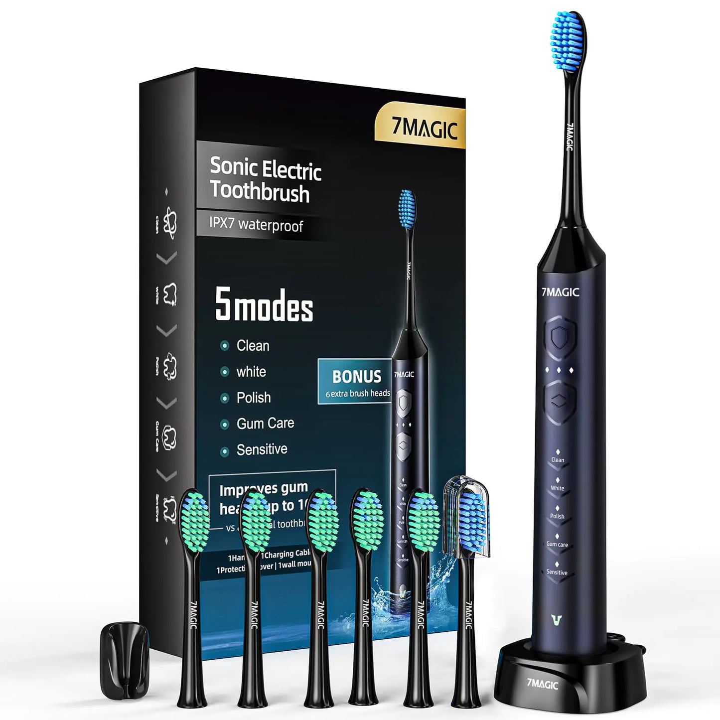 Electric Toothbrush for Adults Sonic Electric Toothbrush with 3 Intensity Levels & 5 Modes One Charge for 90 Days Rechargeable Toothbrush with 6 Toothbrush Heads & 40000 VPM Deep Clean(Blue)