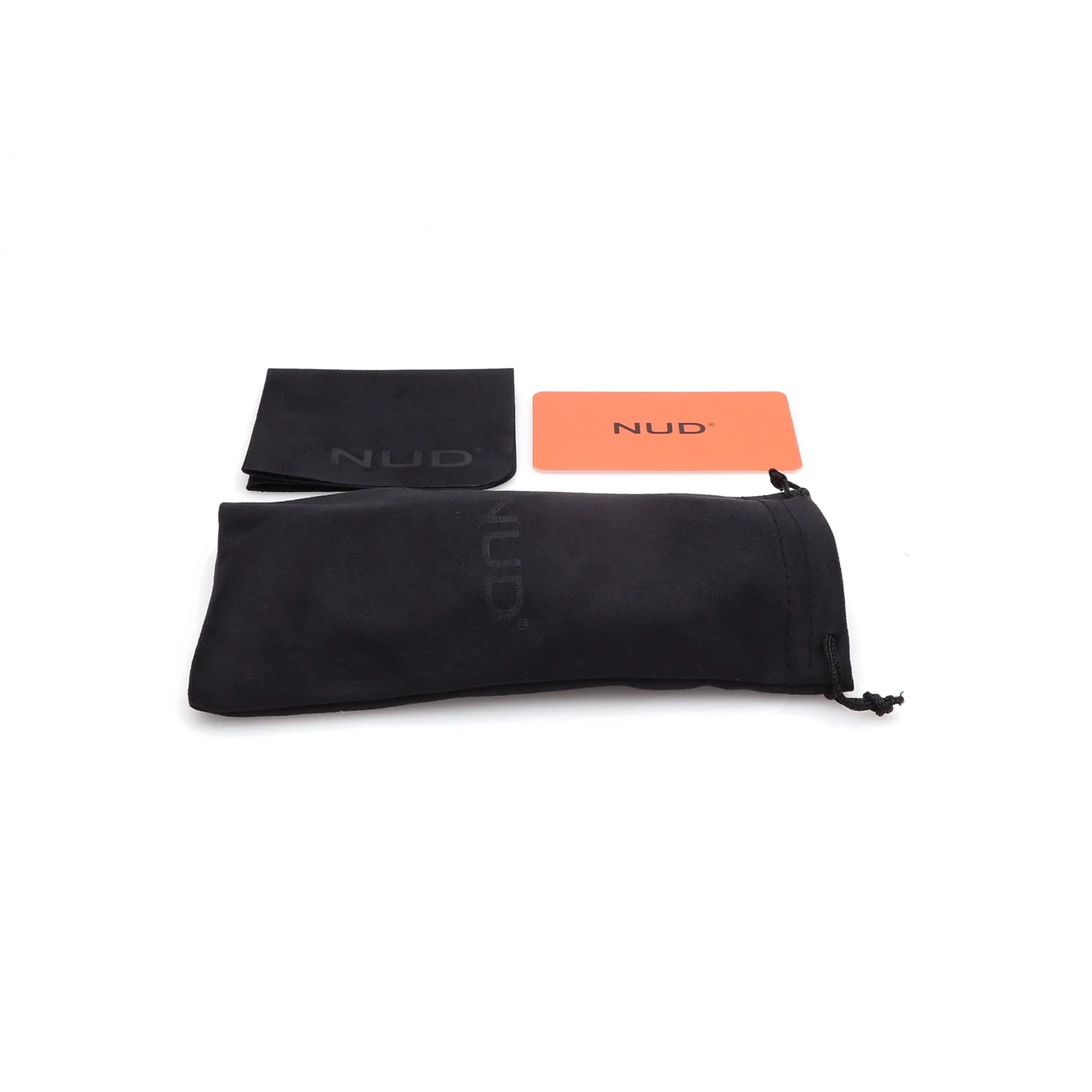 Black soft pouch with cleaning cloth and orange card for Nayah Brown Eye Glasses made in Germany