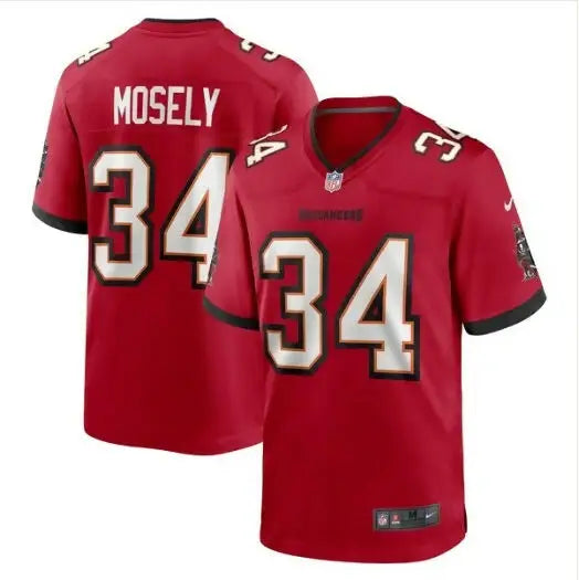 Red American football jersey with number 34 and MOSELY on the back for Quandre Mosely Buccaneers