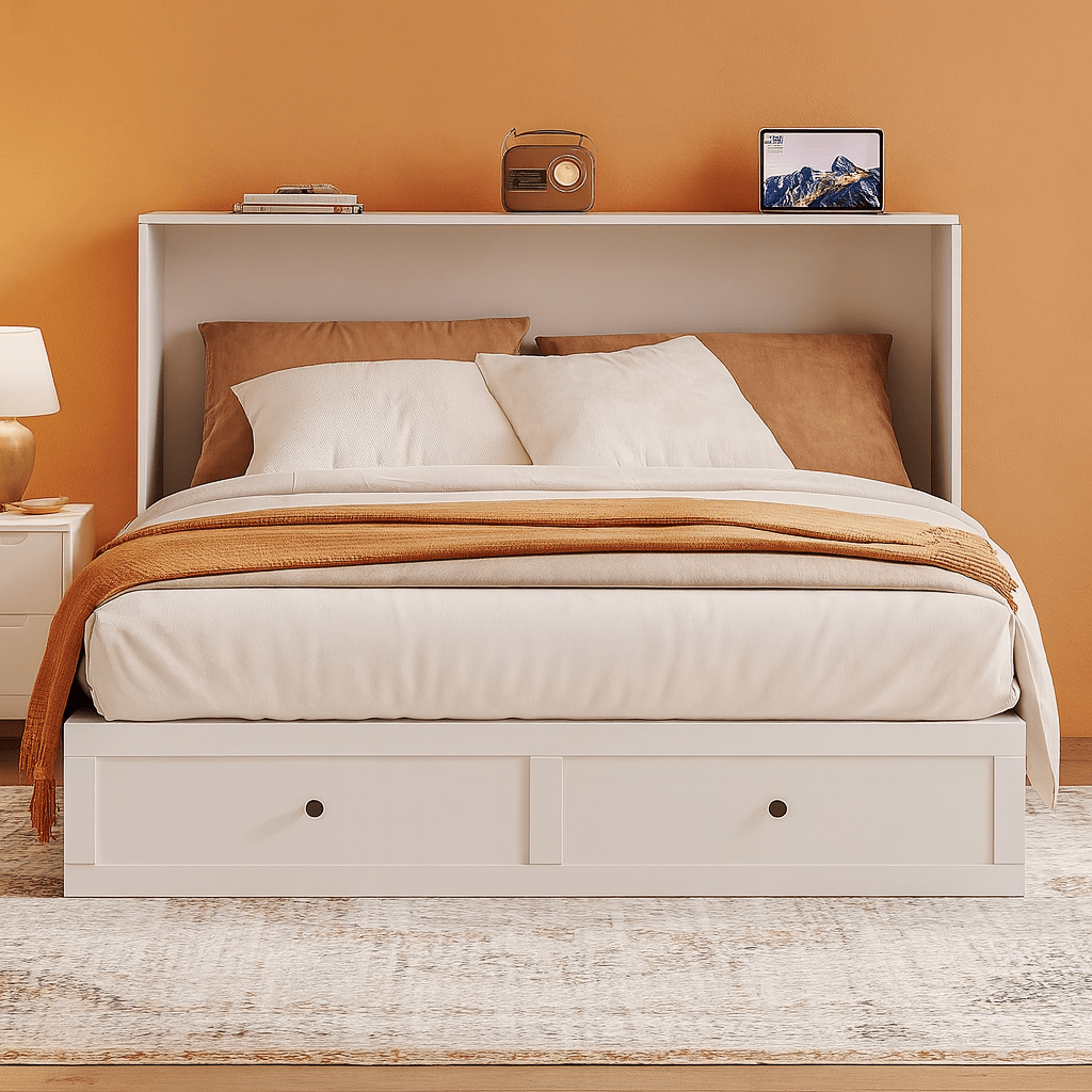 Queen Size Murphy Bed Cabinet with Storage Drawer & Charging Station-0