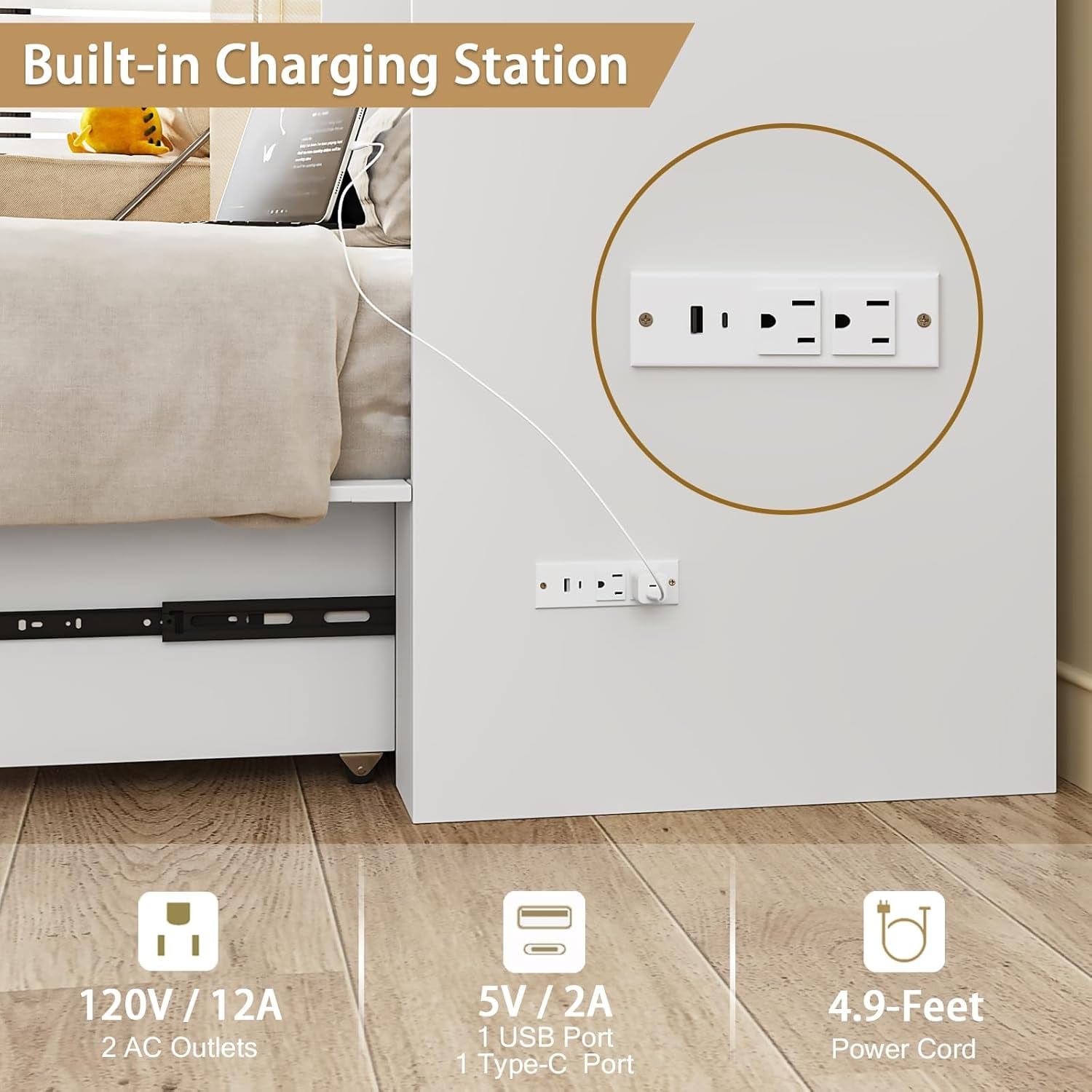 Queen Size Murphy Bed Cabinet with Storage Drawer & Charging Station-4