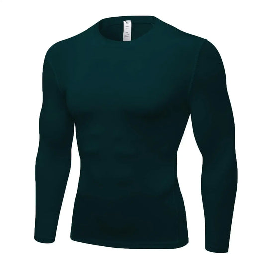 Dark green long-sleeved compression shirt ideal as a base layer for workout and athletic wear