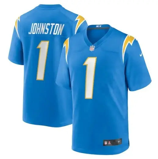 Blue Los Angeles Chargers Quentin Johnston NFL Draft jersey with number 1 and Johnston on back