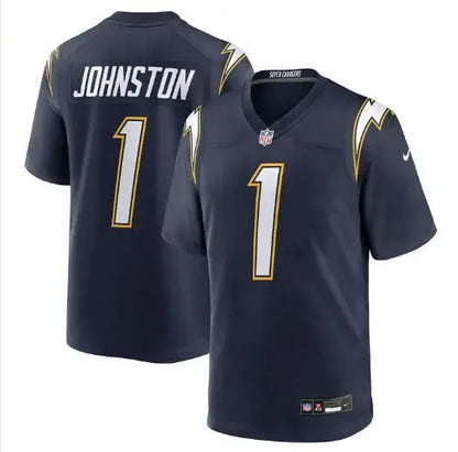 Dark blue Quentin Johnston Los Angeles Chargers Nike Alternate Jersey with white and gold accents