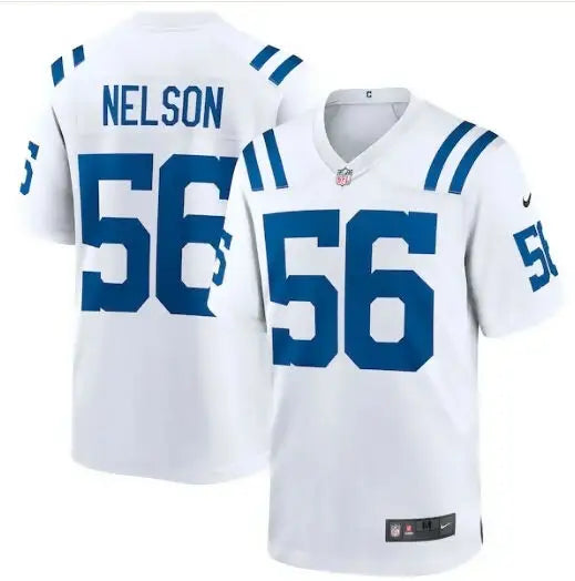 White football jersey with blue stripes and number 56, Quenton Nelson Indianapolis Colts Nike jersey